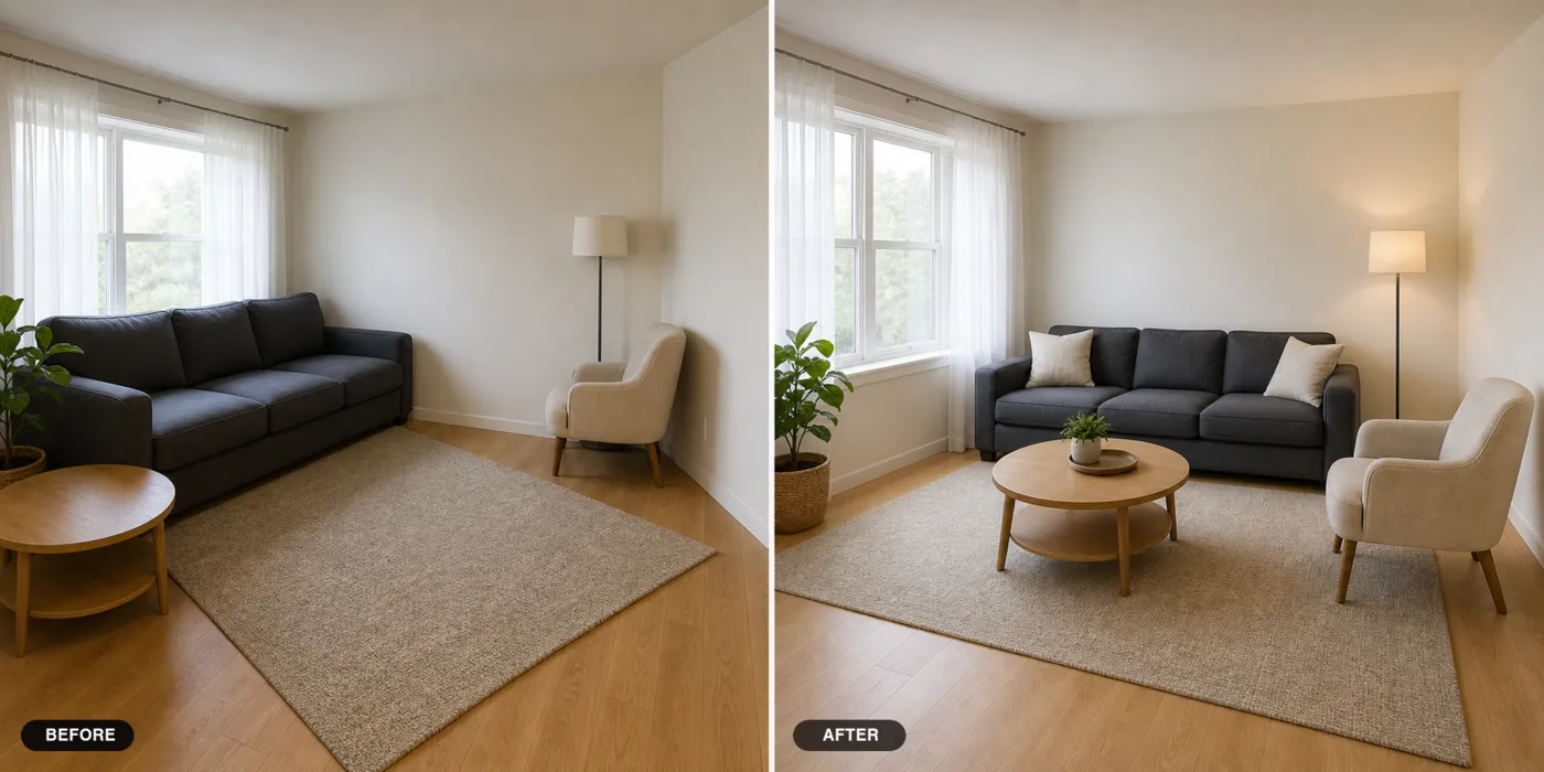 Living room before and after rearranging the same furniture into a better layout