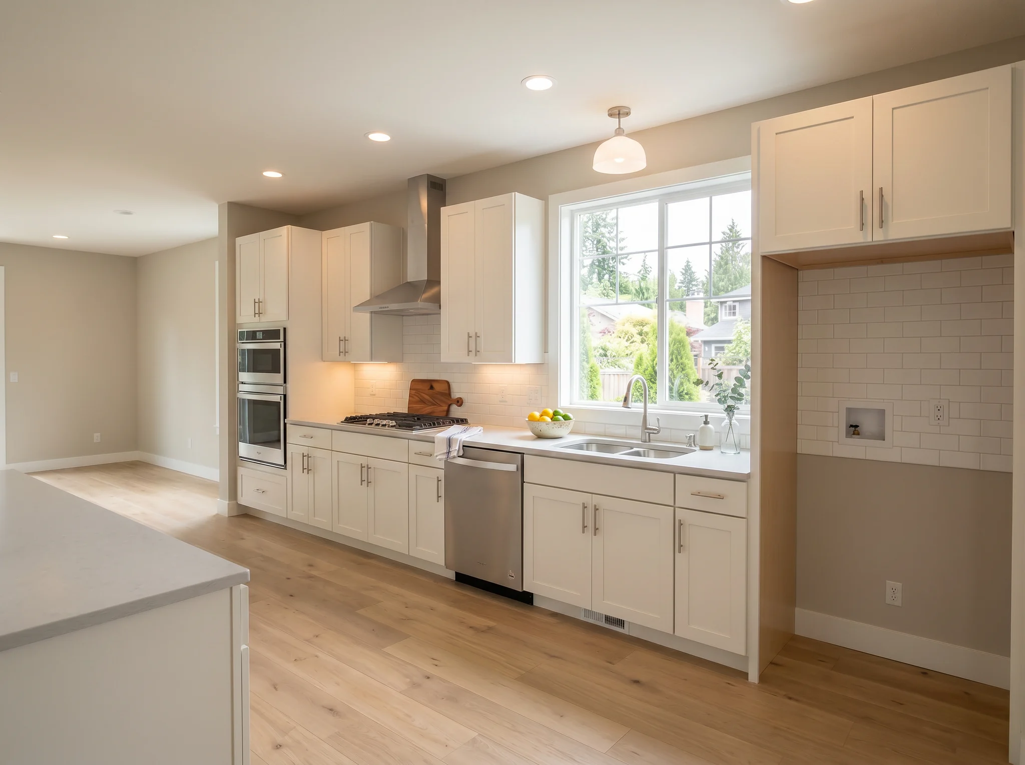 White galley kitchen listing styling with counter accessories and warm task lighting