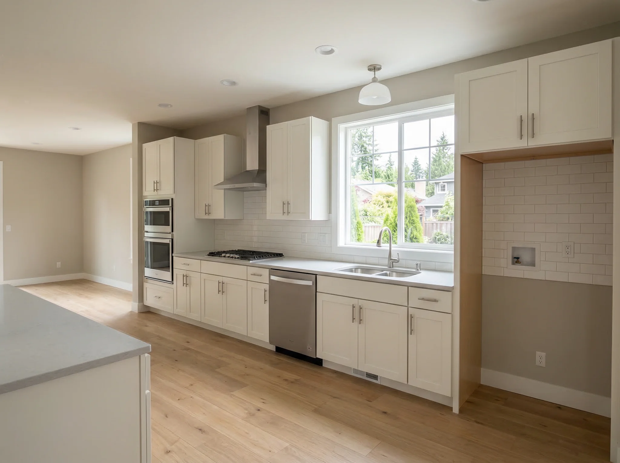 White galley kitchen with pendant light and wall oven before listing-photo styling