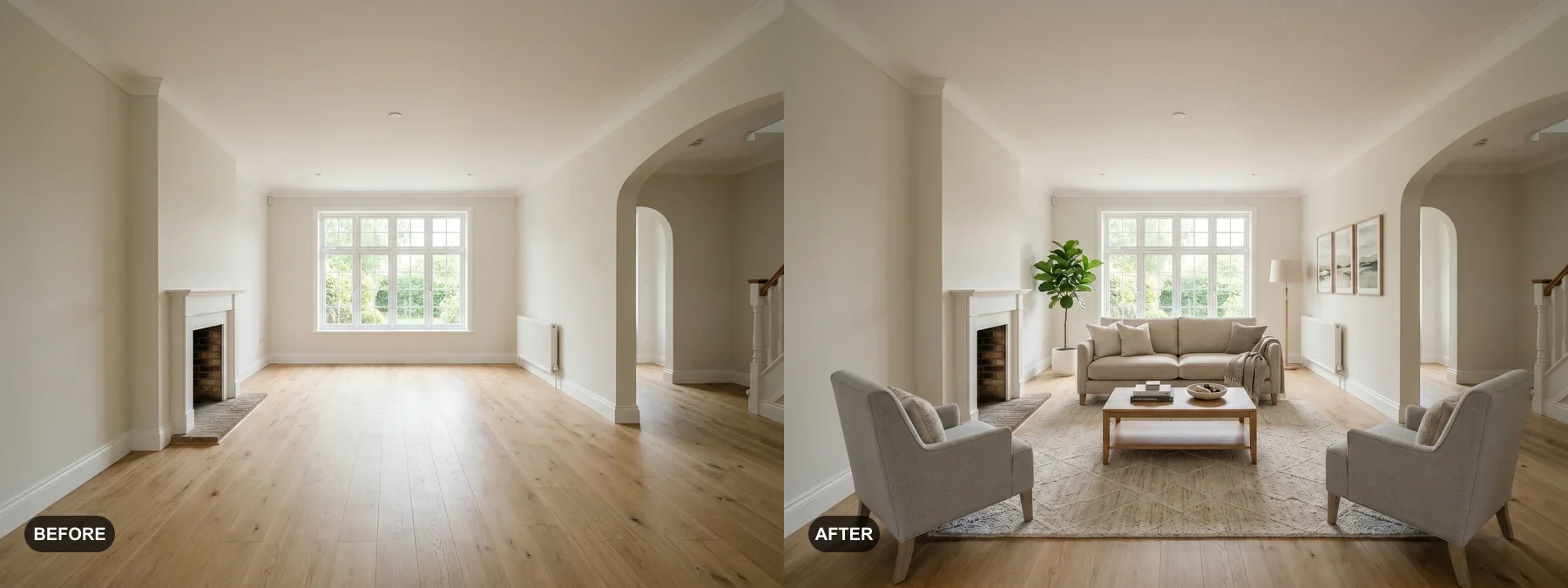 Before and after comparison of an empty UK living room with fireplace staged for a listing