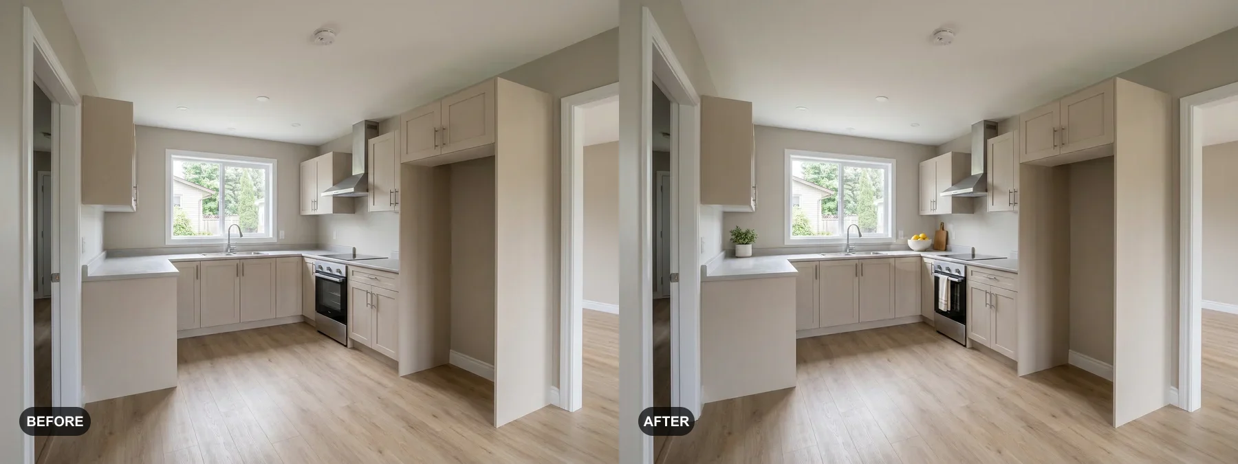 Before and after comparison of an empty U-shape kitchen warmed up for a listing