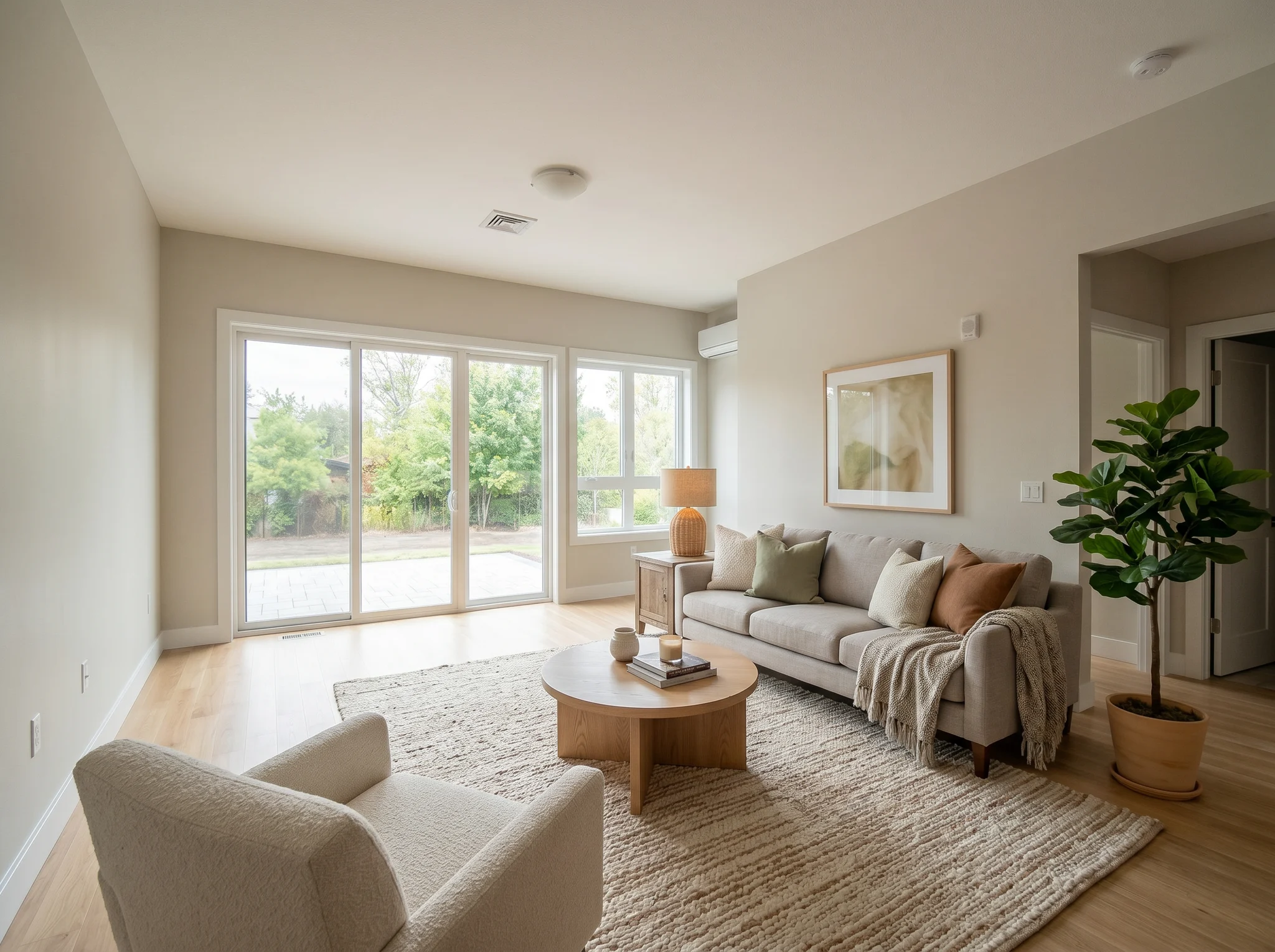 Same living room after AI home design with sofa, rug and lighting