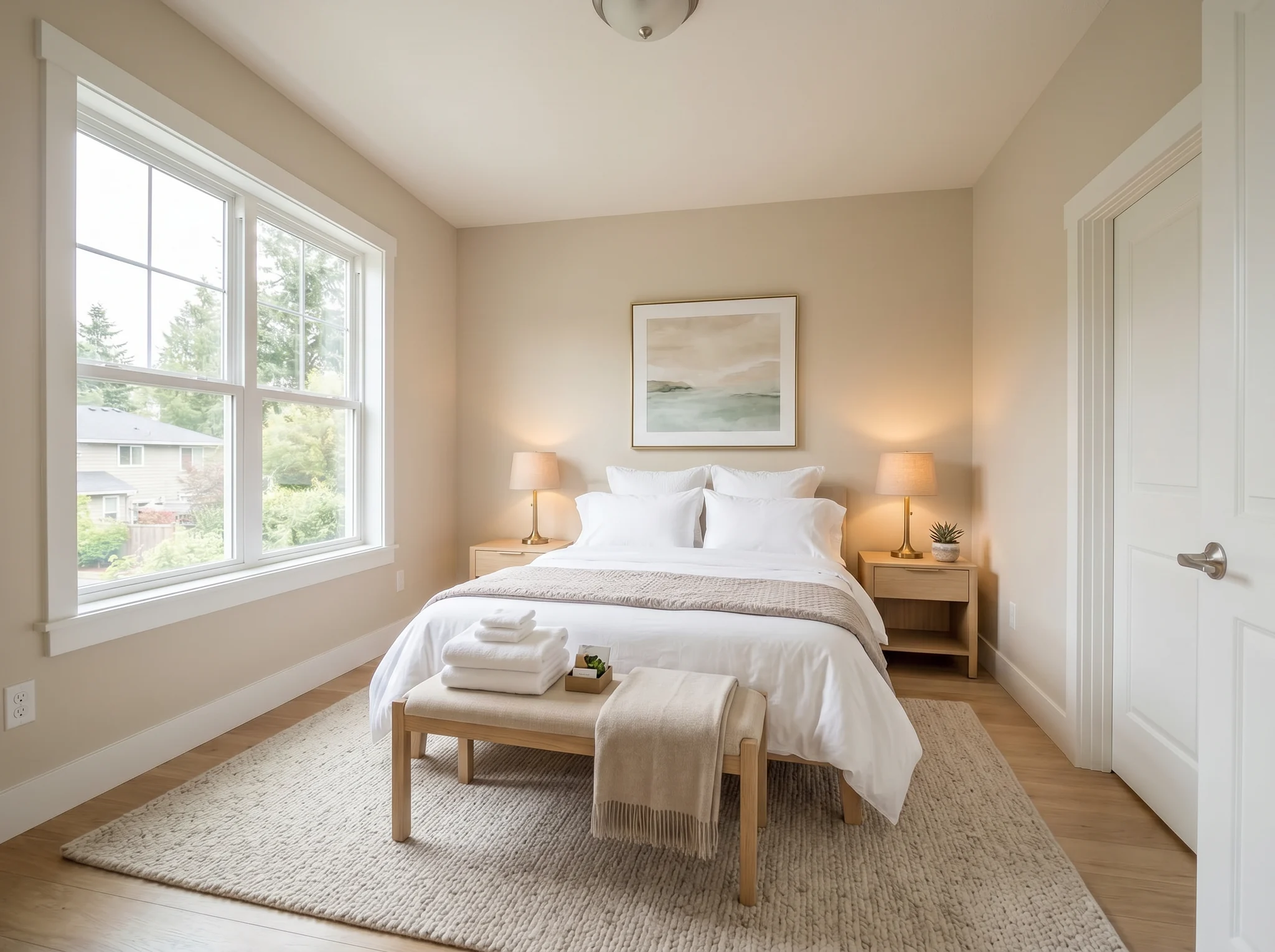 Airbnb bedroom staging with bed, nightstands, bench with towels, and garden view preserved