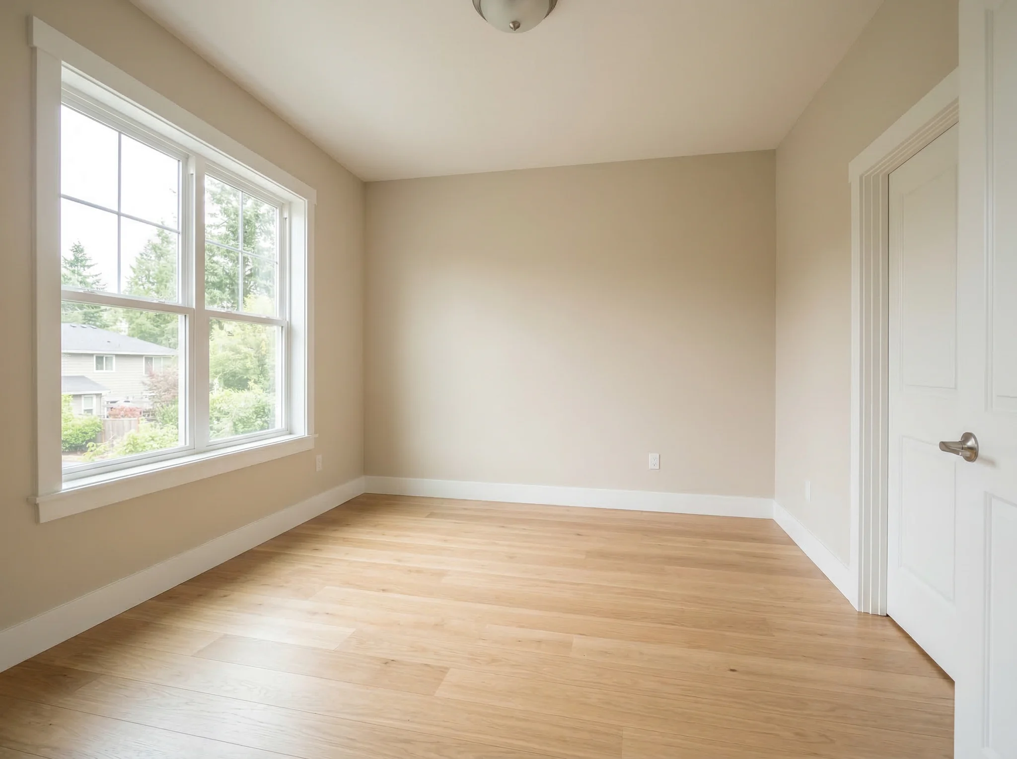 Empty bedroom with large window and garden view before Airbnb staging