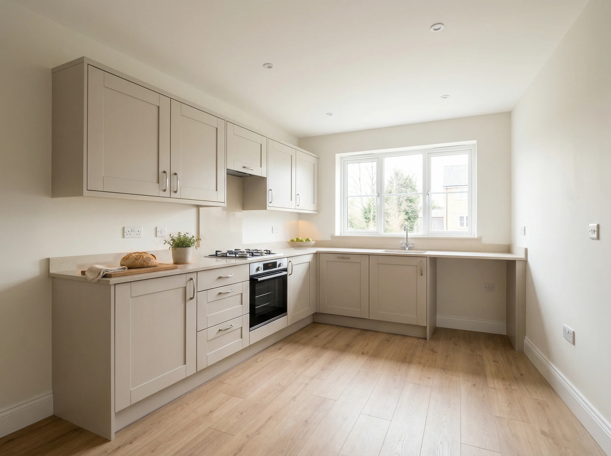 Shaker kitchen styled with bread board, herbs, and fruit bowl, window view unchanged