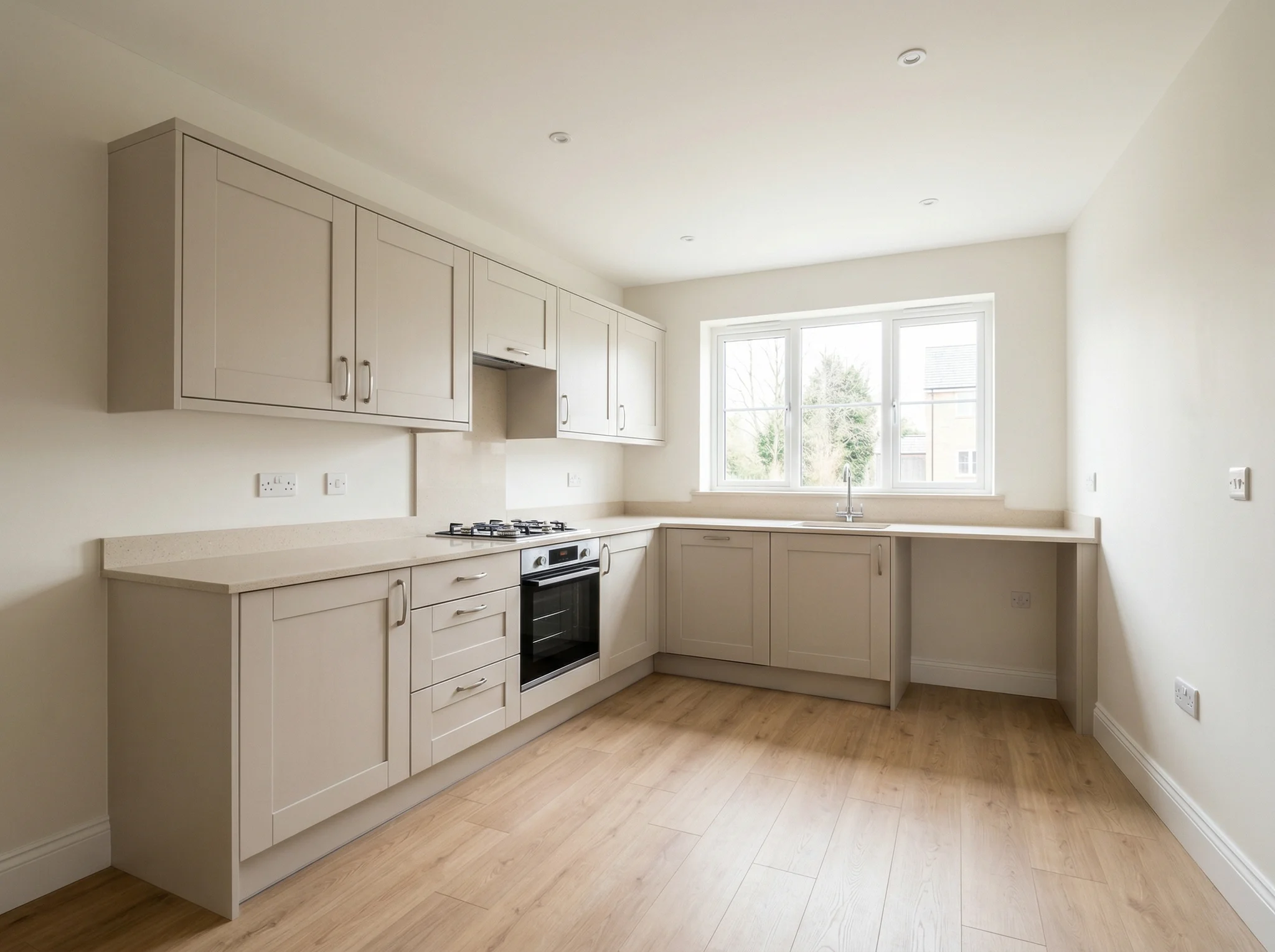 Empty shaker-style kitchen with bare counters before listing staging