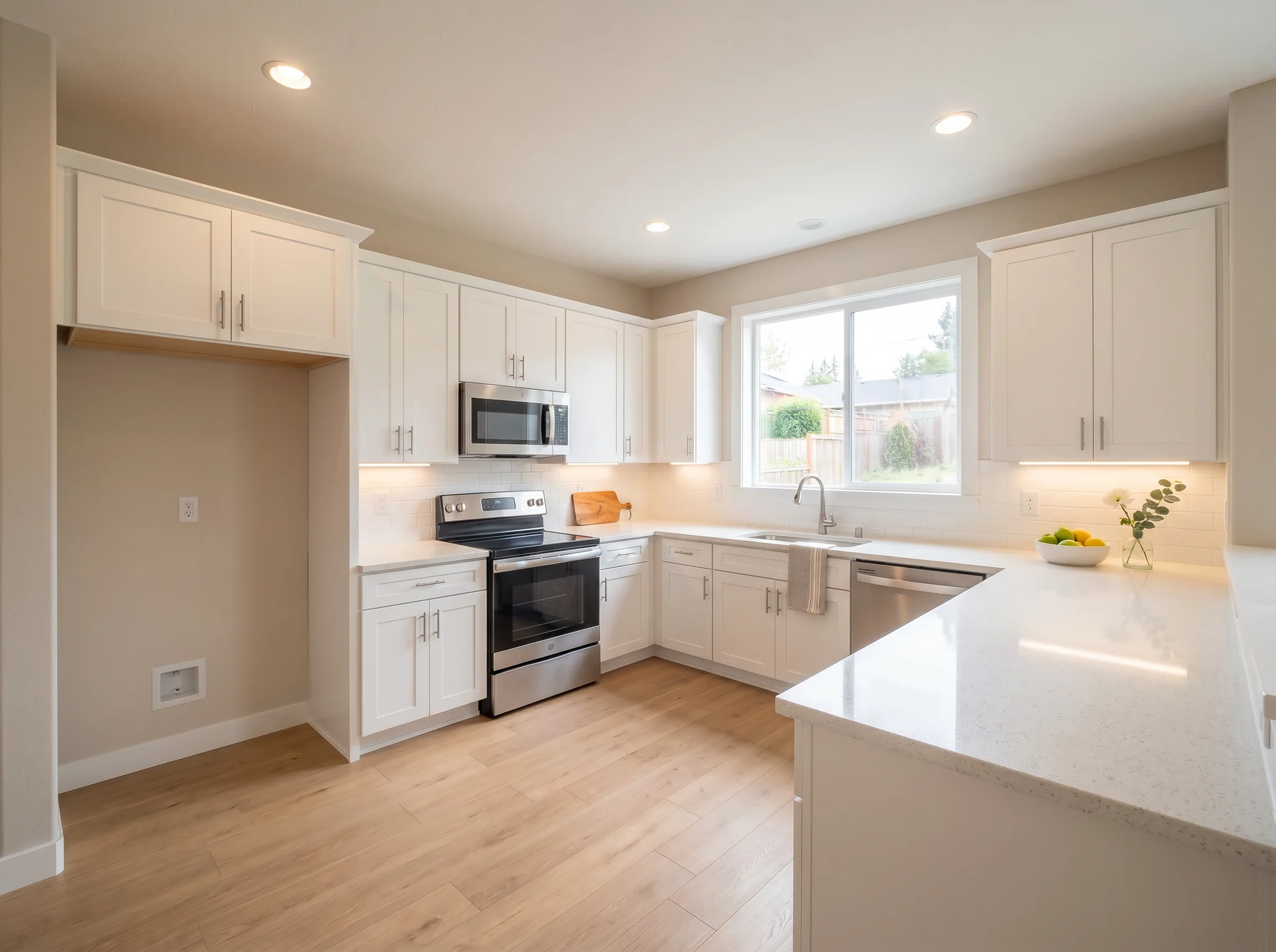 White U-shape kitchen listing styling with under-cabinet lighting, cutting board, fruit bowl, and flowers