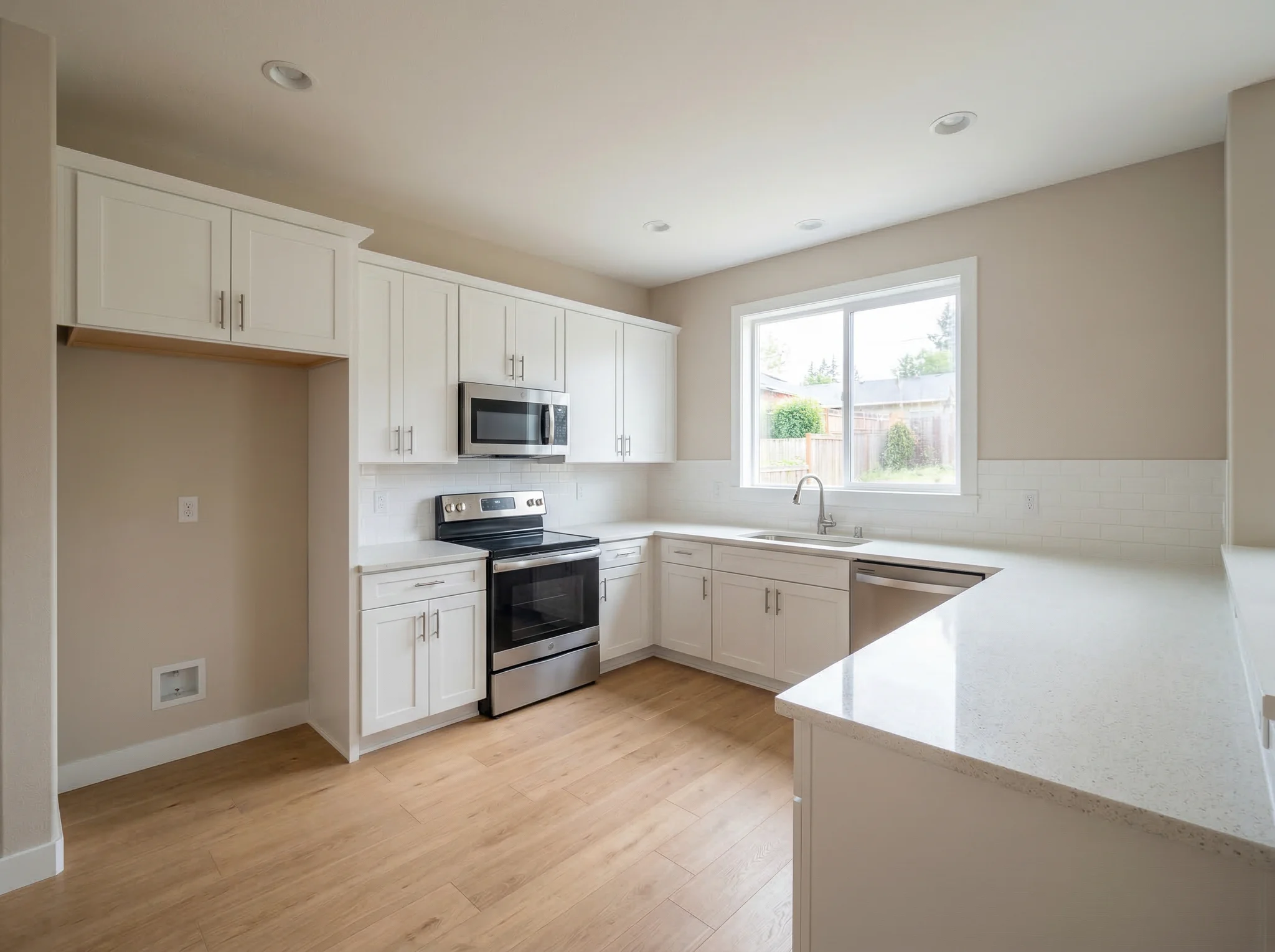 White U-shape kitchen before listing-photo counter styling