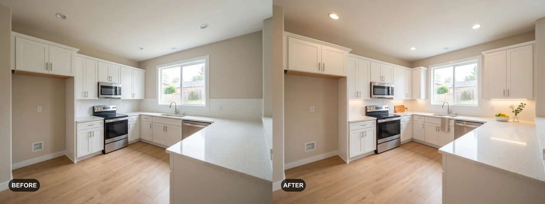 Before and after comparison of a white U-shape kitchen styled for a listing photo