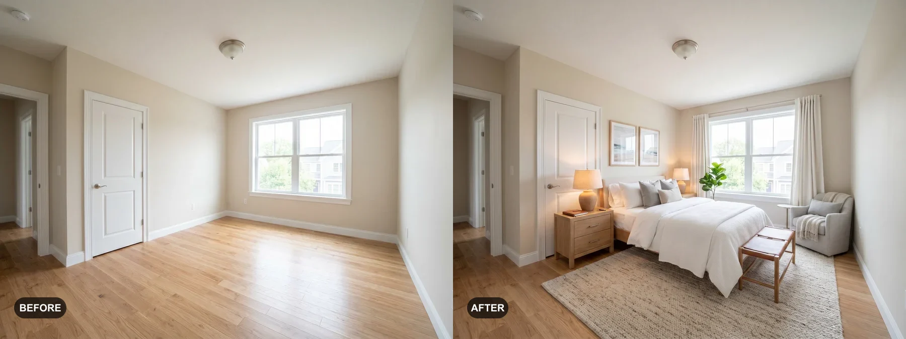 Before and after comparison of an empty bedroom staged as an Airbnb guest suite