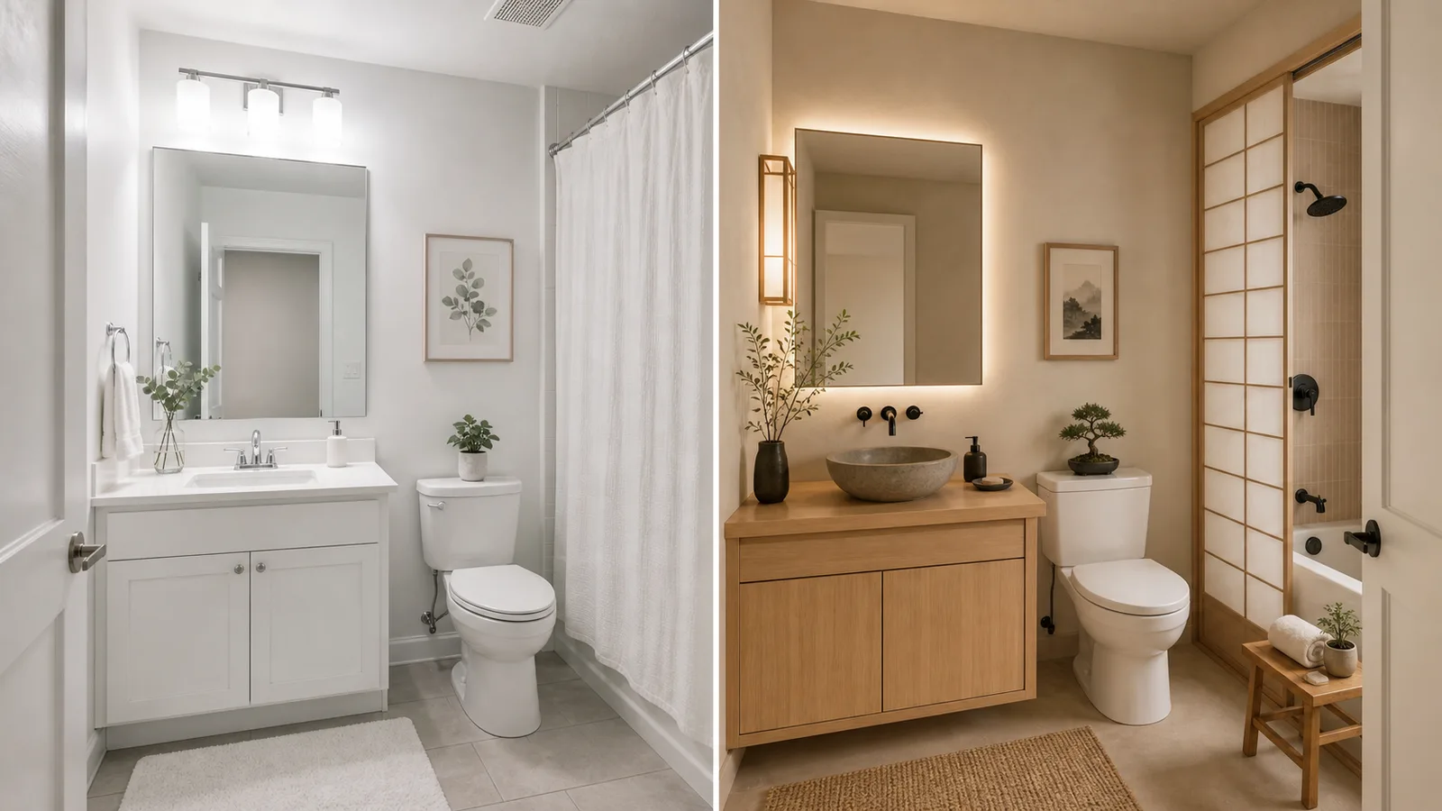 Before and after AI-generated Japanese bathroom redesign with wood vanity, stone sink, matte black fixtures, and spa lighting