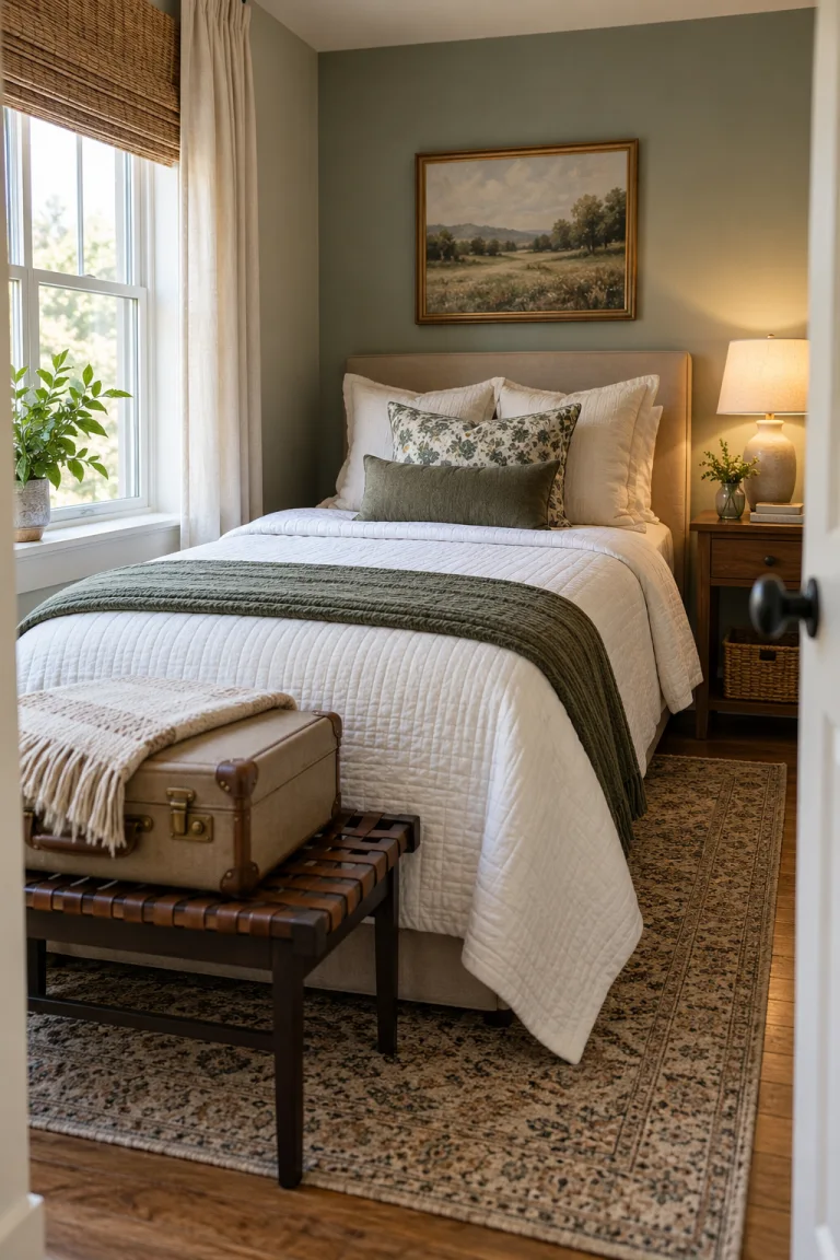 Illustrative guest room with a bed, bedside table and suitcase on a bench at the foot of the bed.